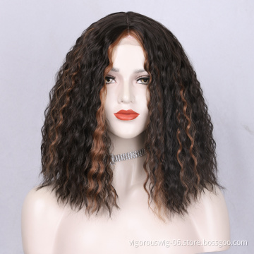 Swiss Lace Afro Deep Curly Closure Bob Short Mixed Black Brown Pre Plucked Synthetic Hair Wigs For Women Sale